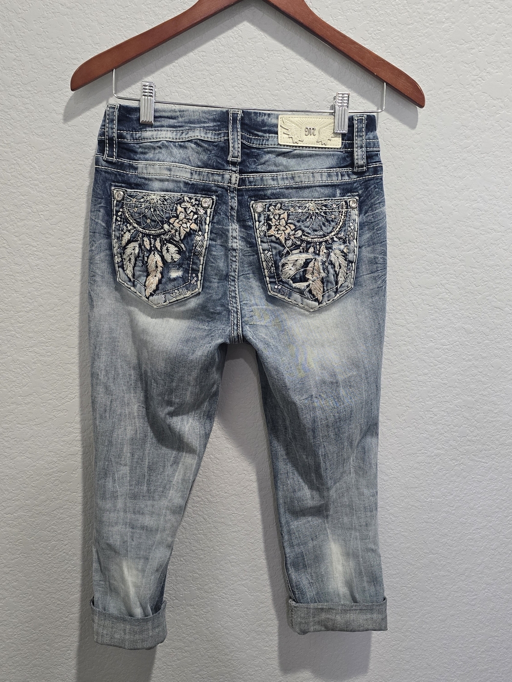 Miss Me Distressed Capri Jeans Womens 26 Embellished Pockets Y2K Light Wash